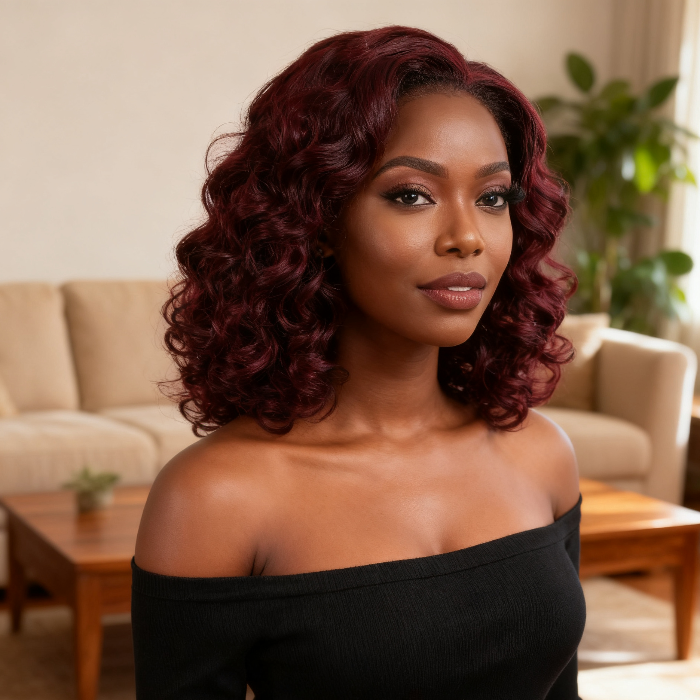 5x5 Bouncy Curly HD Lace Frontal Wigs Human Hair Burgundy 99J Color High Quality 100% Human Hair COD Available