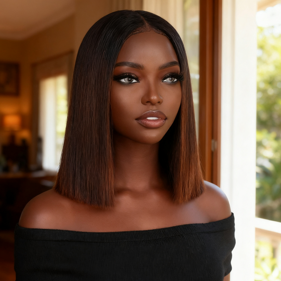 2x6 Silk Straight Bob Lace Frontal Wigs Human Hair 1B/Honey Brown Ombre Color High Quality 100% Human Hair COD Available