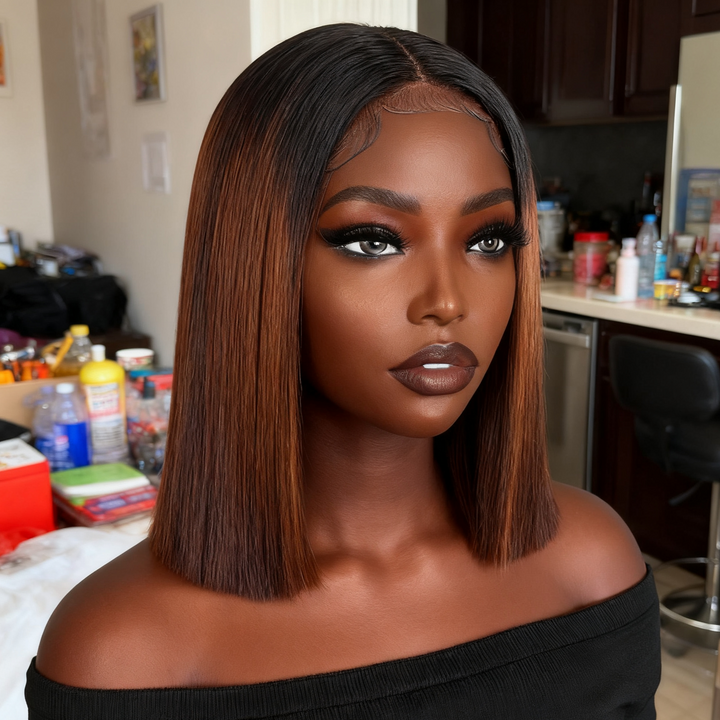 2x6 Silk Straight Bob Lace Frontal Wigs Human Hair 1B/Honey Brown Ombre Color High Quality 100% Human Hair COD Available