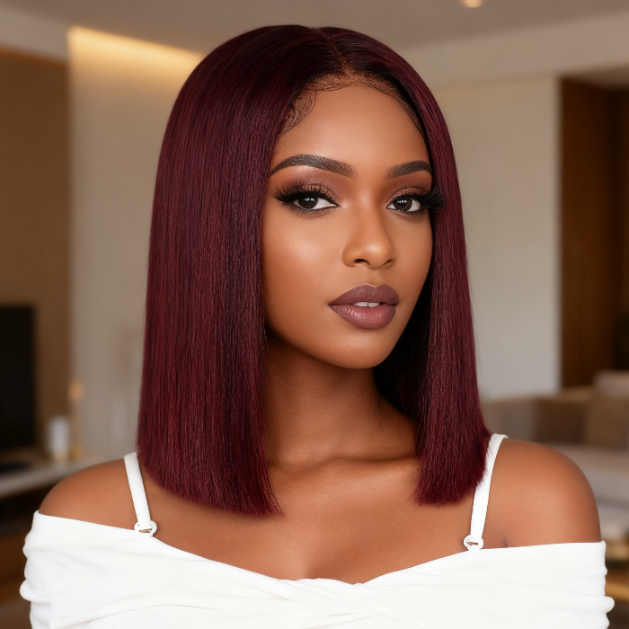 2x6 Silk Straight Bob Lace Frontal Wigs Human Hair 99J Color High Quality 100% Human Hair COD Available