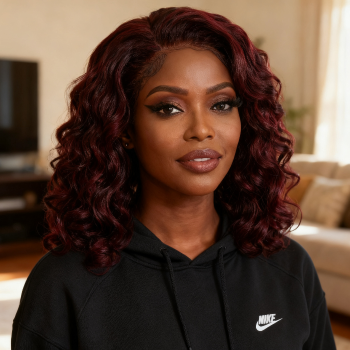 5x5 Bouncy Curly HD Lace Frontal Wigs Human Hair Burgundy 99J Color High Quality 100% Human Hair COD Available