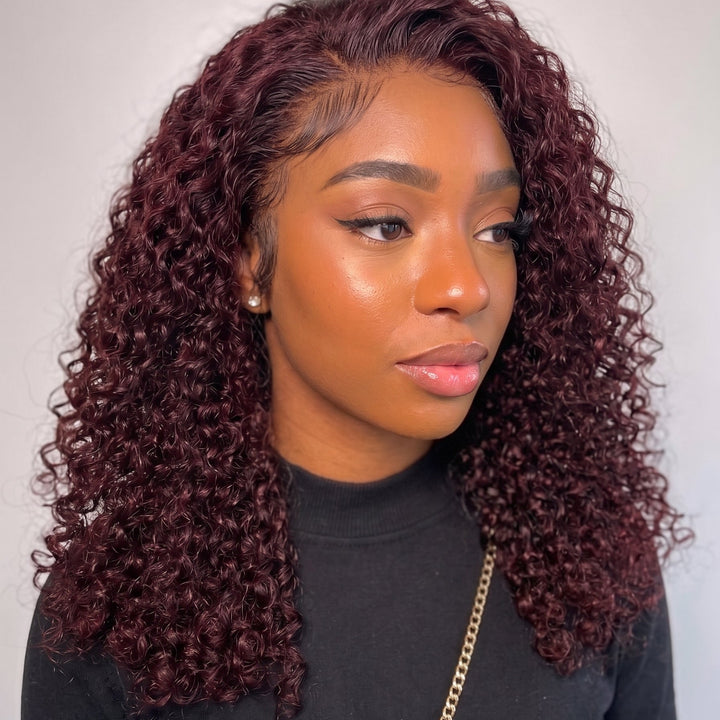 5x5 Burmese Curly HD Lace Frontal Wigs Human Hair Burgundy 99J Color High Quality 100% Human Hair COD Available