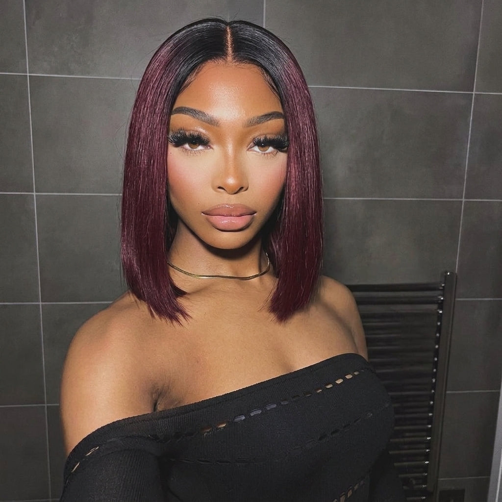 2x6 Silk Straight Bob Lace Frontal Wigs Bone Straight Human Hair 1B/99J Ombre Color High Quality 100% Human Hair COD Available