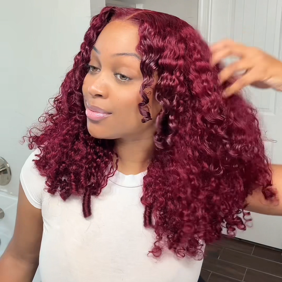Pixie Roll 13x4 Double Drawn Bouncy Curly 100% Human Hair Top Quality Wigs Burgundy 99J Color Pay On Delivery