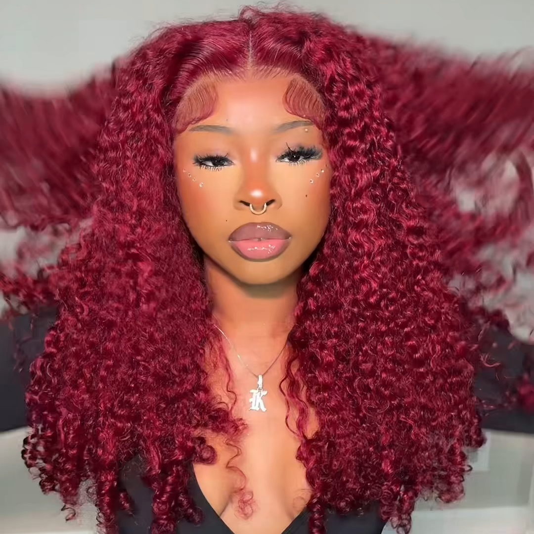 Pixie Roll 13x4 Double Drawn Bouncy Curly 100% Human Hair Top Quality Wigs Burgundy 99J Color Pay On Delivery
