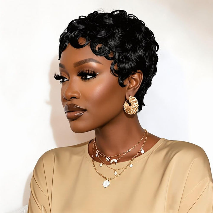 13X4 Pixie Cut Wigs Natural Color 100% Human Hair Short Layered Wig
