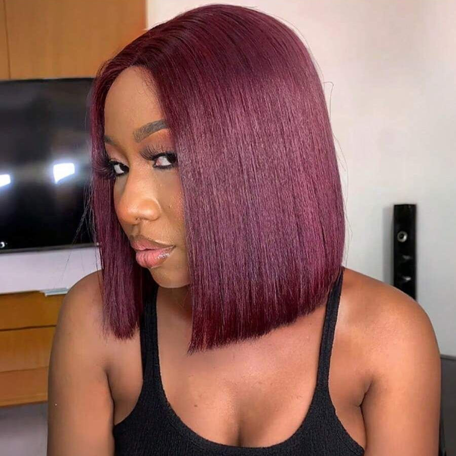 2x6 Silk Straight Bob Lace Frontal Wigs Bone Straight Human Hair 99J Color High Quality 100% Human Hair COD Available