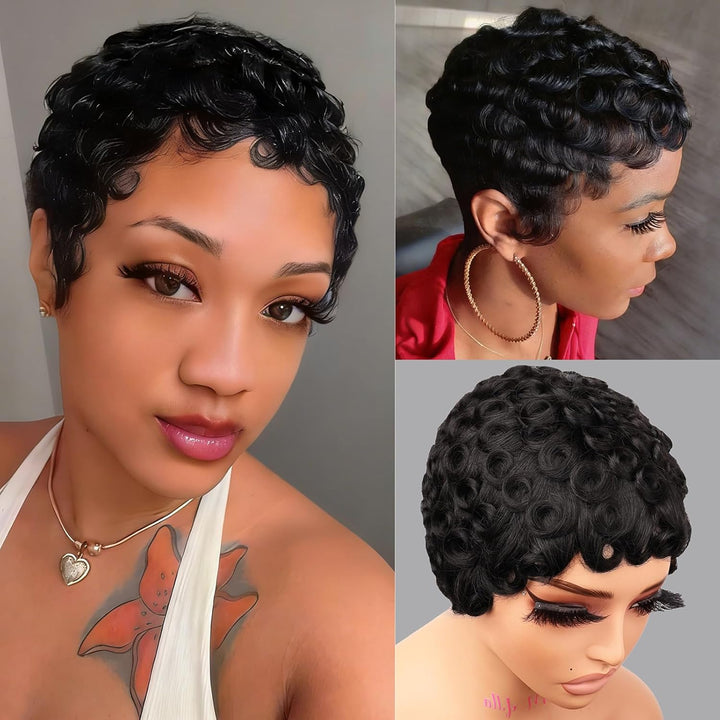 13X4 Pixie Cut Wigs Natural Color 100% Human Hair Short Layered Wig