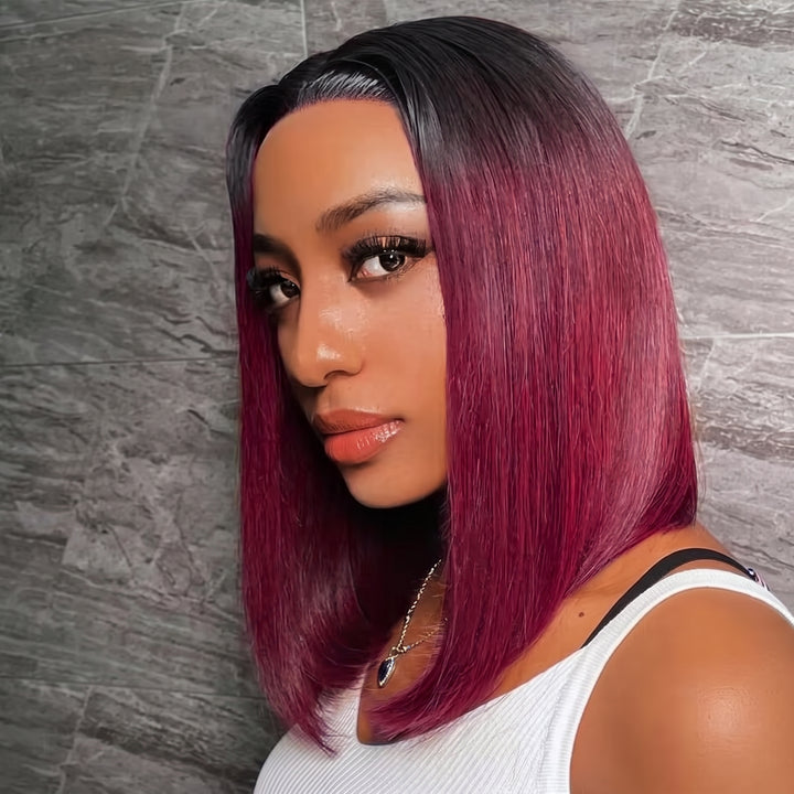 2x6 Silk Straight Bob Lace Frontal Wigs Bone Straight Human Hair 1B/99J Ombre Color High Quality 100% Human Hair COD Available