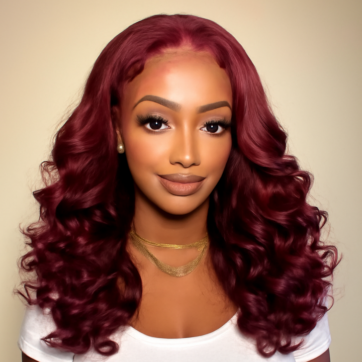 5x5 Bouncy Curly HD Lace Frontal Wigs Human Hair Burgundy 99J Color High Quality 100% Human Hair COD Available
