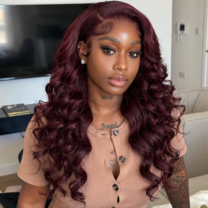 5x5 Bouncy Curly HD Lace Frontal Wigs Human Hair Burgundy 99J Color High Quality 100% Human Hair COD Available