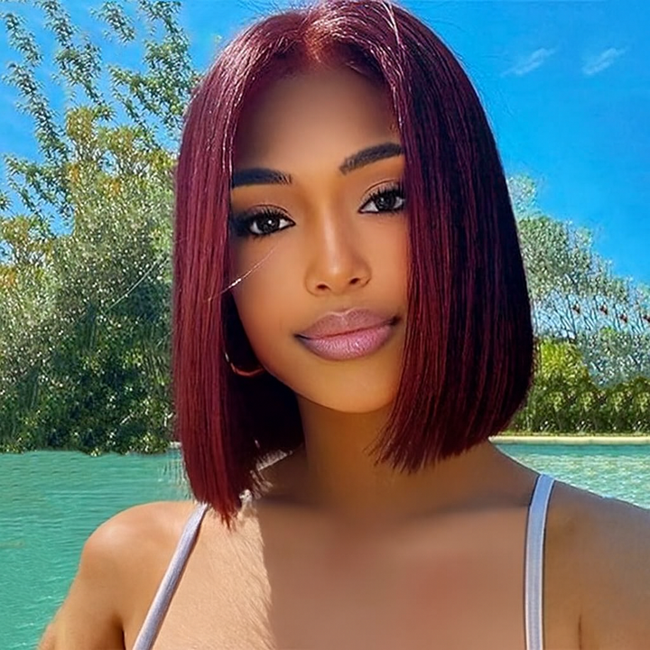 2x6 Silk Straight Bob Lace Frontal Wigs Bone Straight Human Hair 99J Color High Quality 100% Human Hair COD Available