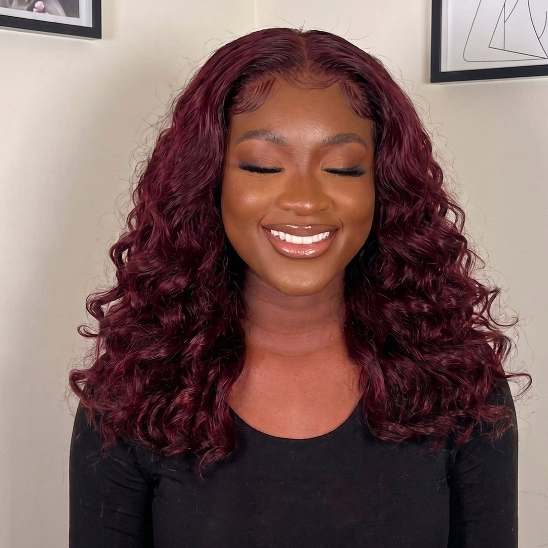 5x5 Bouncy Curly HD Lace Frontal Wigs Human Hair Burgundy 99J Color High Quality 100% Human Hair COD Available