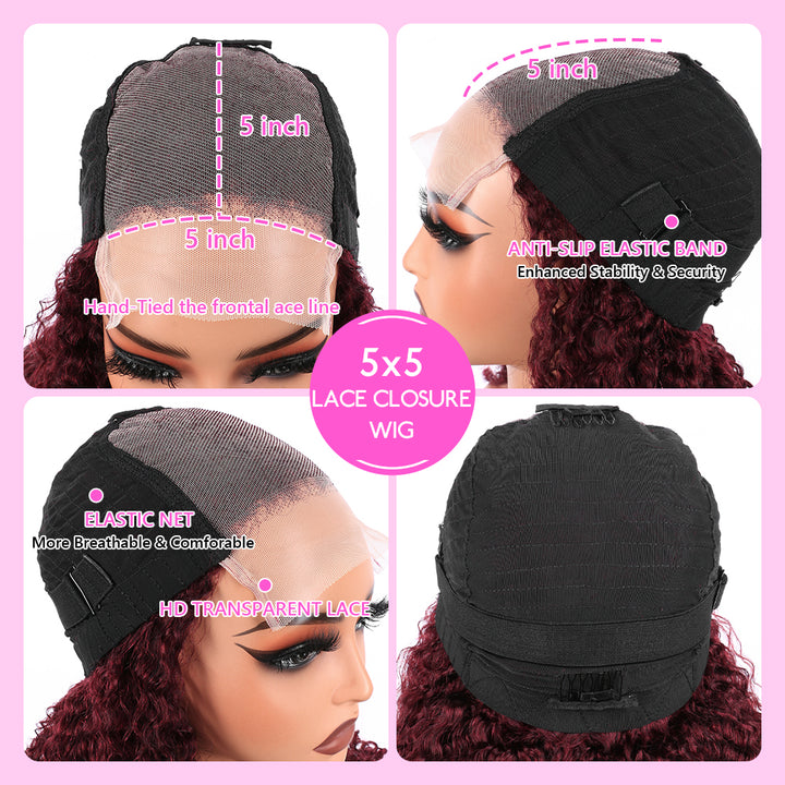 5x5 Bouncy Curly HD Lace Frontal Wigs Human Hair Burgundy 99J Color High Quality 100% Human Hair COD Available