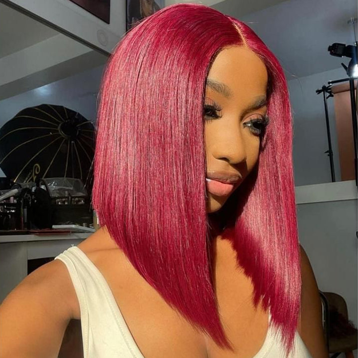 2x6 Silk Straight Bob Lace Frontal Wigs Bone Straight Human Hair 99J Color High Quality 100% Human Hair COD Available
