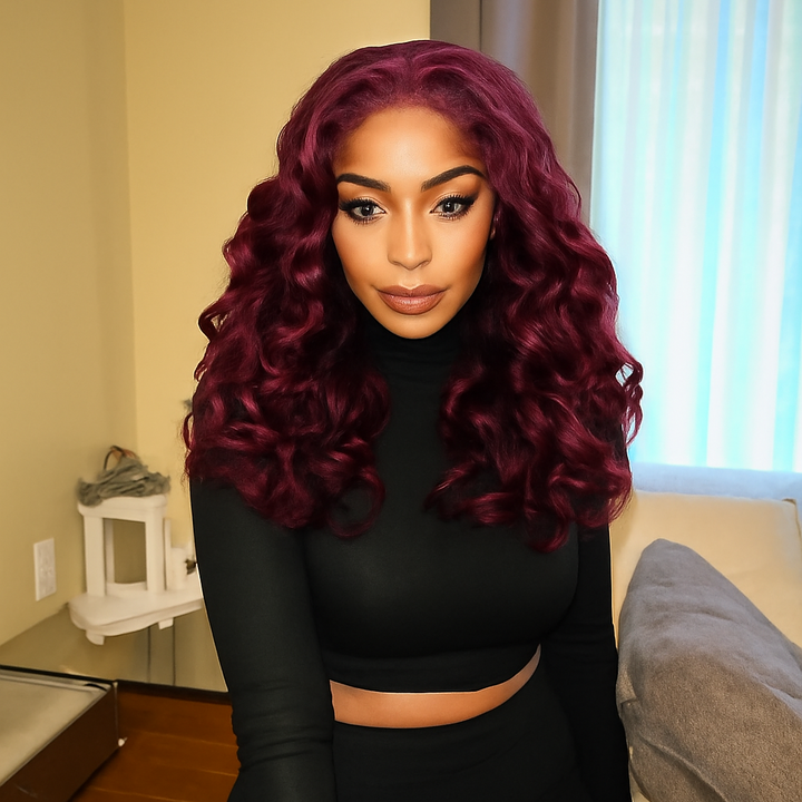 5x5 Bouncy Curly HD Lace Frontal Wigs Human Hair Burgundy 99J Color High Quality 100% Human Hair COD Available